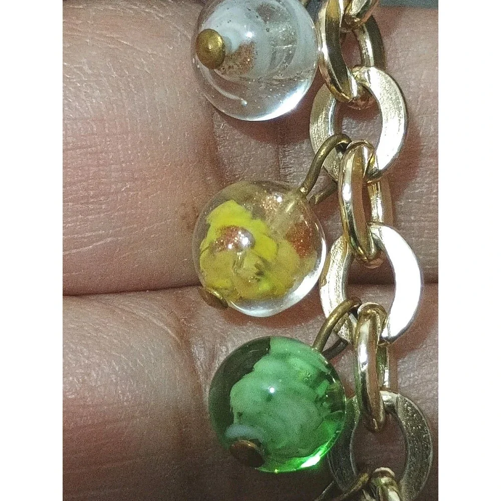 Murano Glass Red Green Blue Pink Yellow Charm Gold Tone Vintage Bracelet